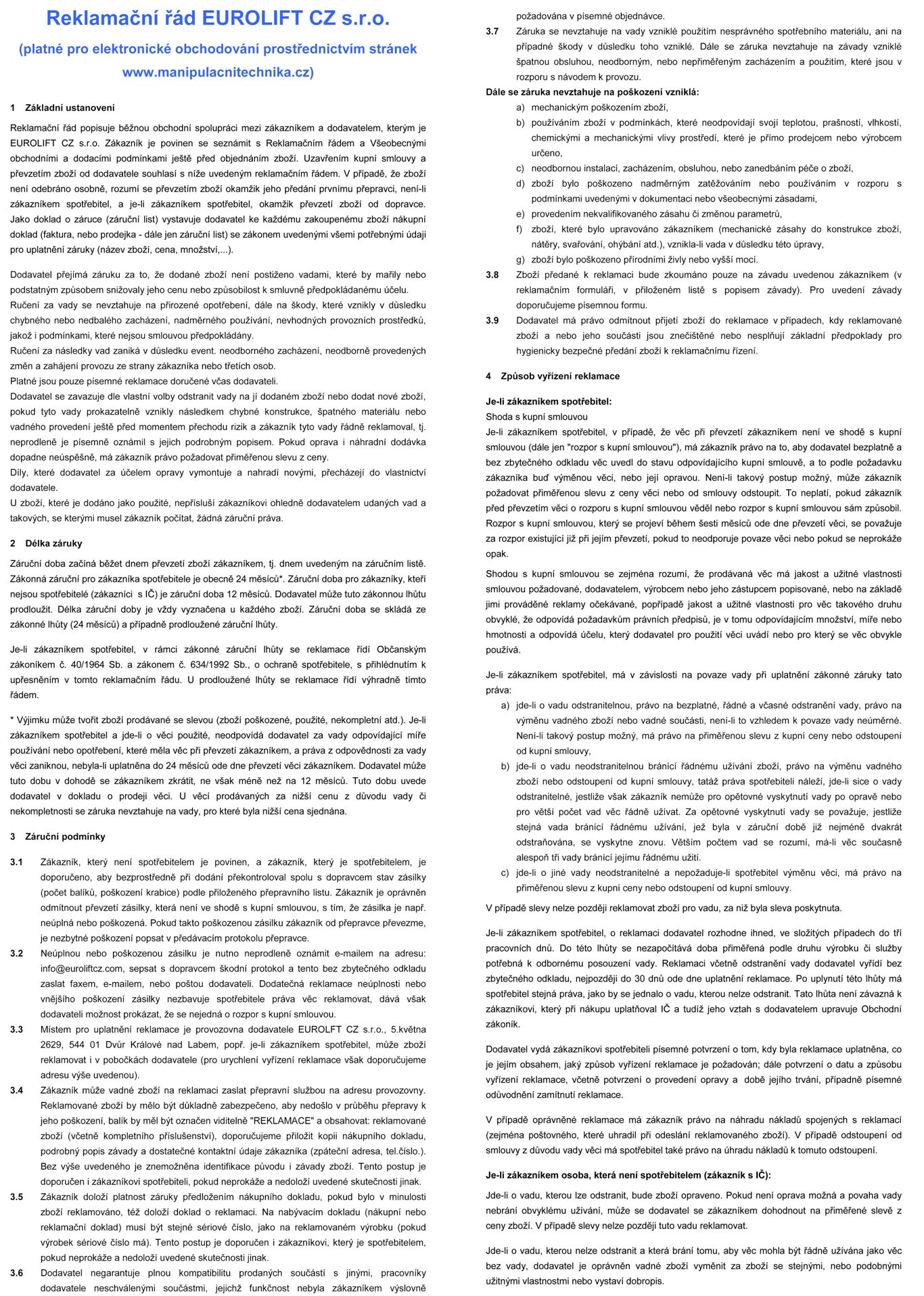Reklamačn&iacute; ř&aacute;d EUROliftCZ